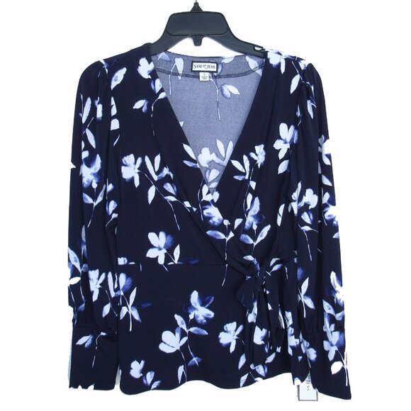Sam and Jess Faux Wrap Tiered Floral Pullover Long Sleeve Top Navy Sz S NWT - Picture 1 of 3